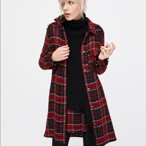 Zara Jackets & Blazers - Zara Black Red Plaid Tweed Checked Overcoat